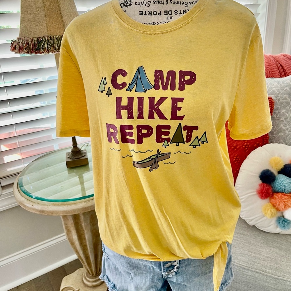 Charlie Paige Camp, Hike, Repeat T shirt size S/M yellow tie’s on side worn once